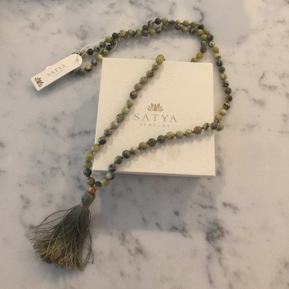 Satya lotus olive jade mala necklace